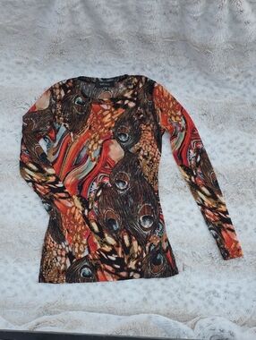 Karen Kane Long Sleeve Sheer Peacock Print Top Medium Made In USA